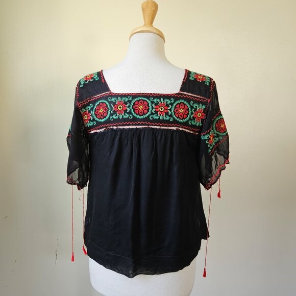 Vintage Black 30s 40s Cross Stitch Floral Embroidery Polish Top Blouse S *FLAW* - Picture 8 of 9